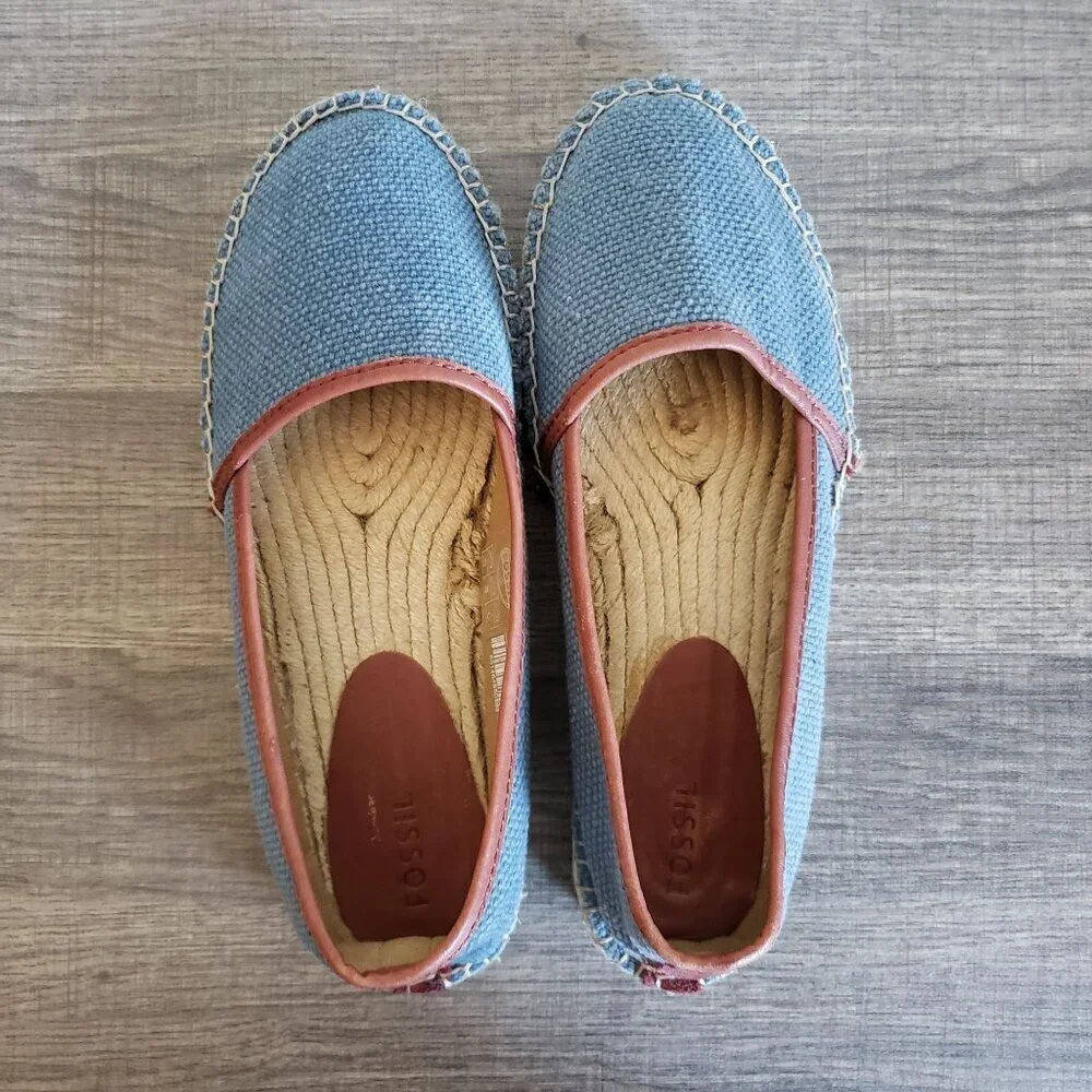Fossil Canvas Espadrille Flat Slip-On Shoes Blue Size Women's 8 Coastal Grandma